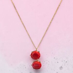 Red Double Drop Pendant Necklace Gold Tone Faceted Stone Dainty Layering Jewelry